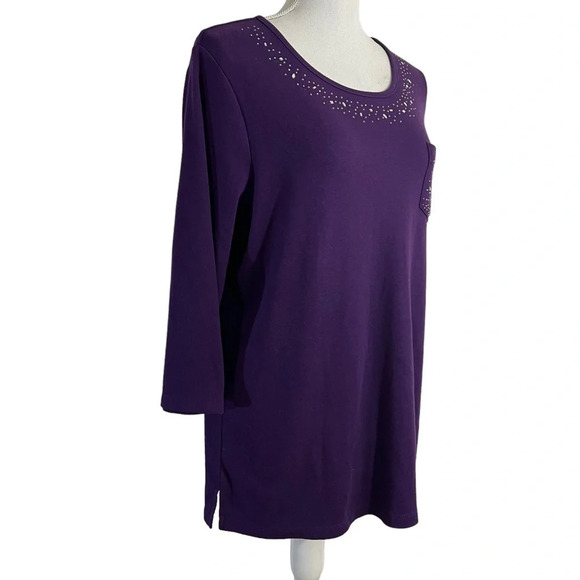 Quacker Factory Eggplant Purple Blouse Large Rhinestones Pocket Embellished Knit - Picture 5 of 6